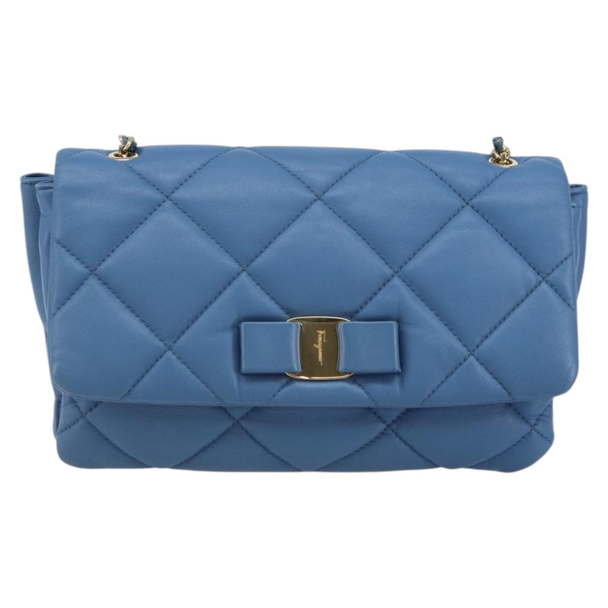 Salvatore Ferragamo Vala Shoulder Bag Leather Blue Gold Auth 169096V