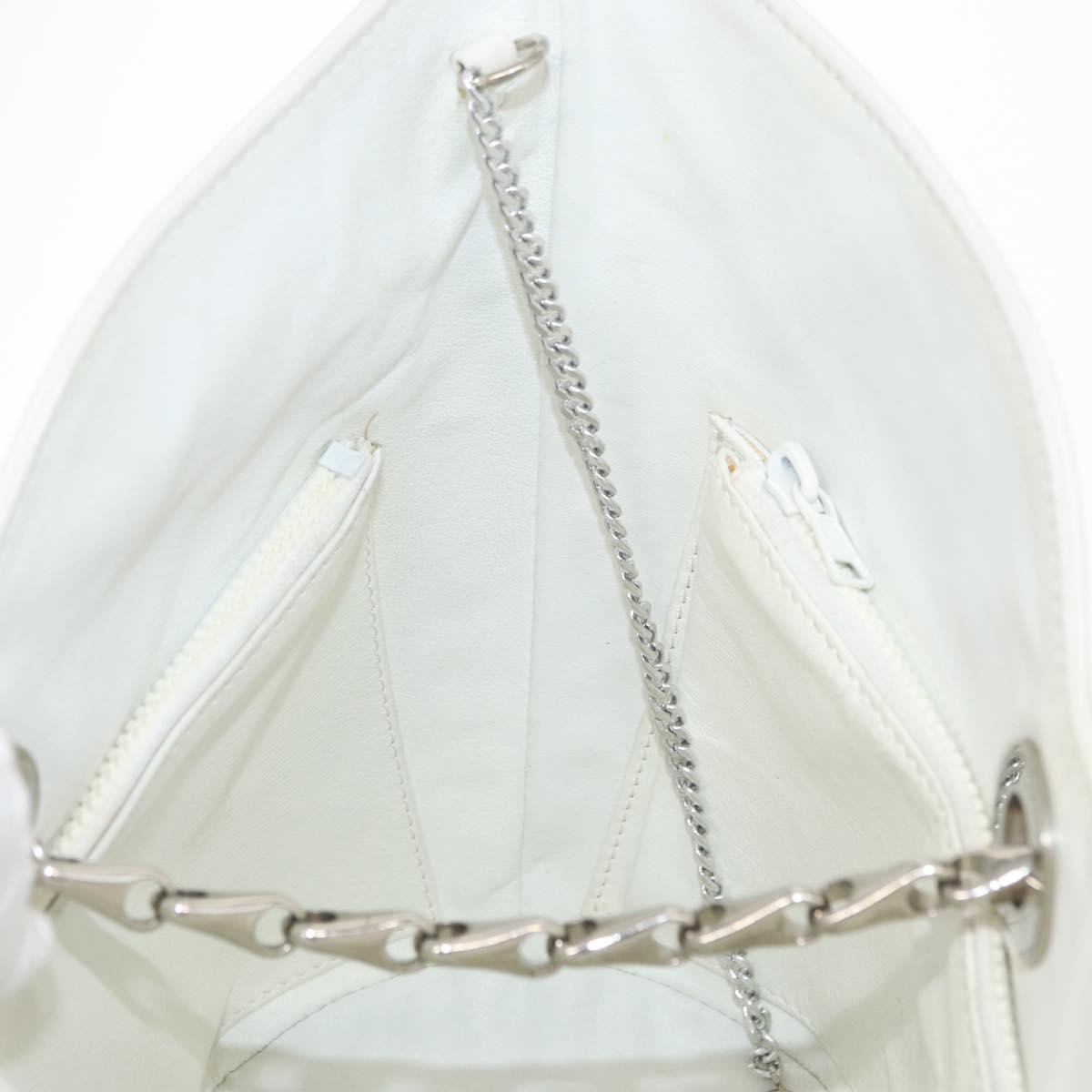 CELINE Chain Shoulder Bag Leather White Silver Auth 169108