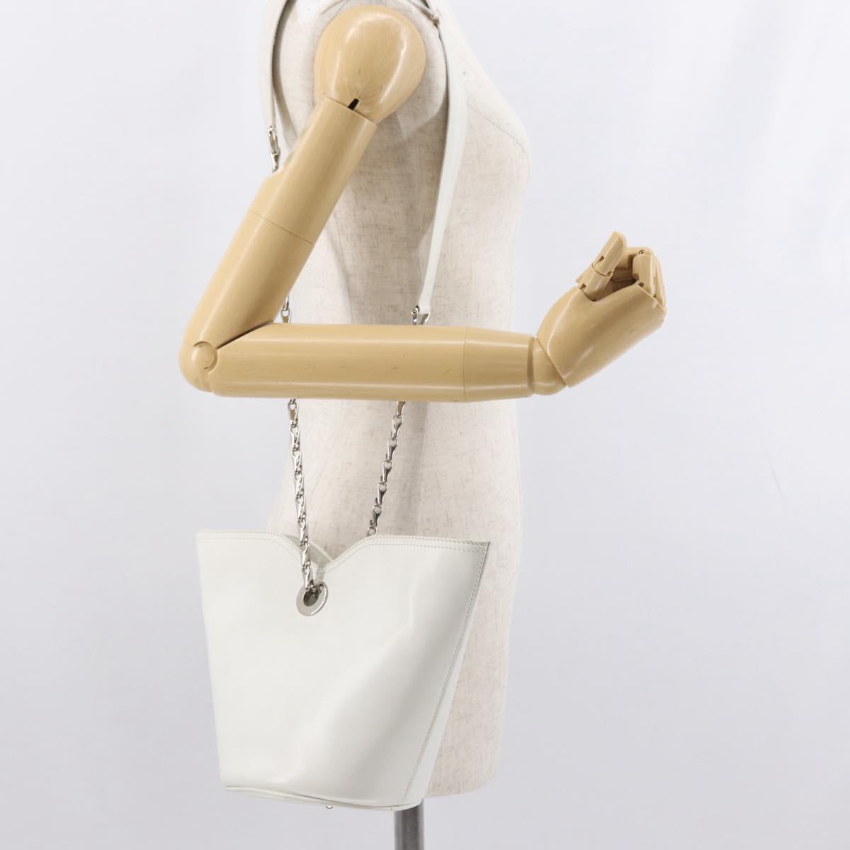 CELINE Chain Shoulder Bag Leather White Silver Auth 169108