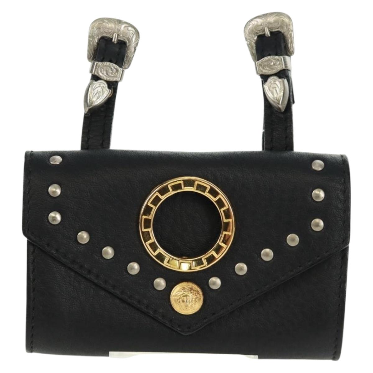 Gianni Versace Pouch Leather Black Gold Auth 169116V