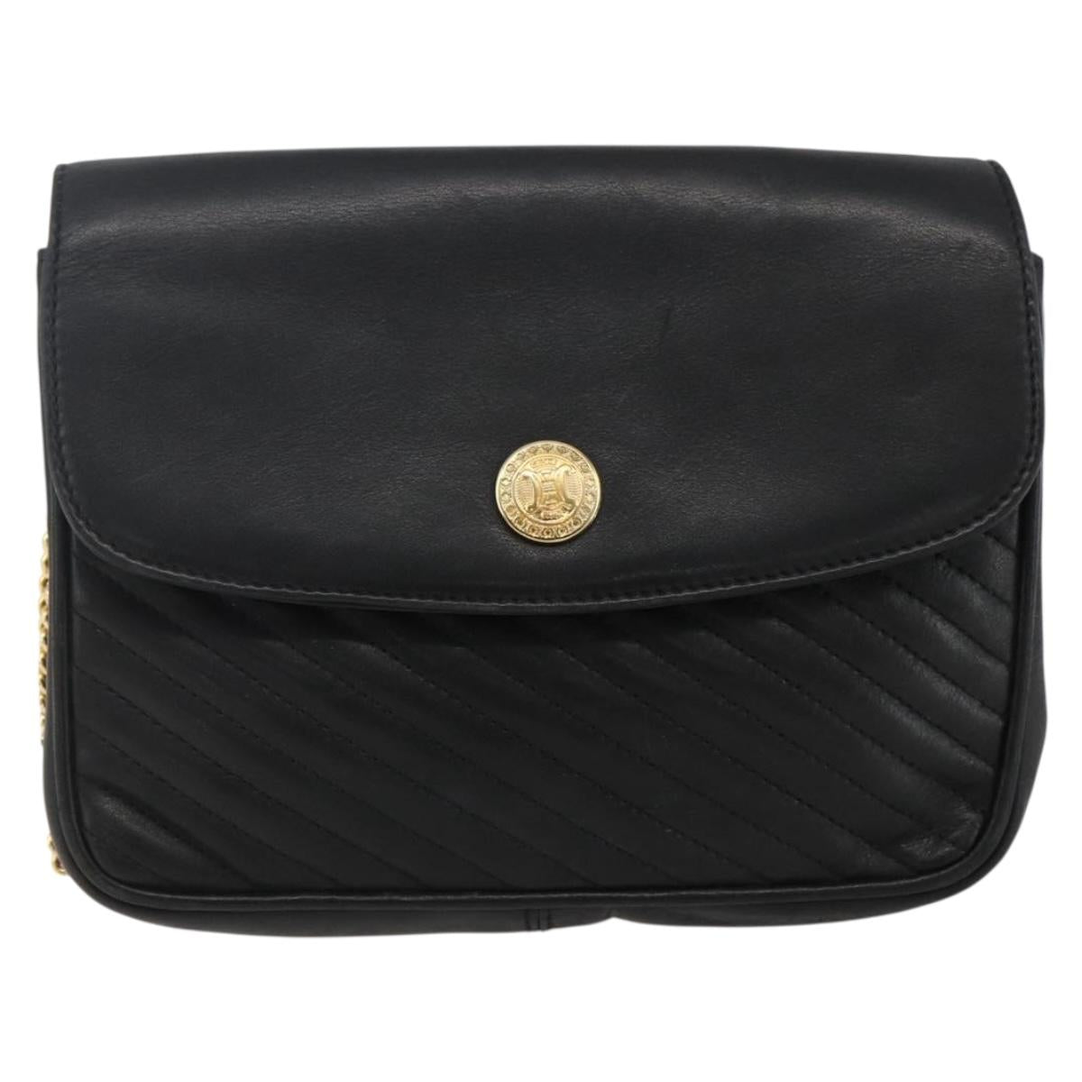 CELINE Chain Shoulder Bag Leather Black Gold Auth 169128V