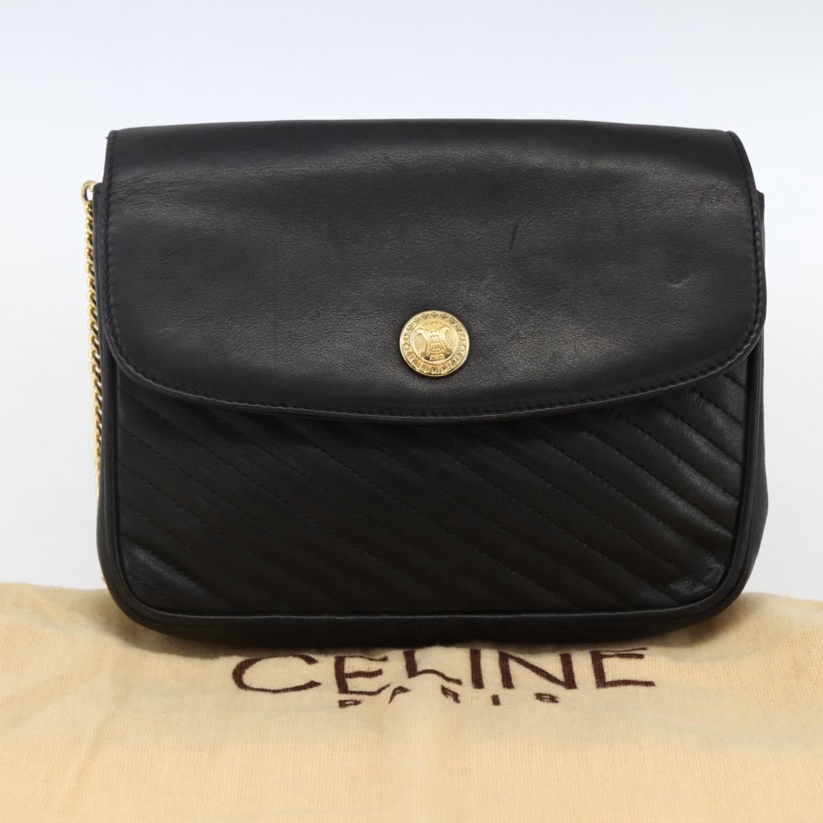 CELINE Chain Shoulder Bag Leather Black Gold Auth 169128V
