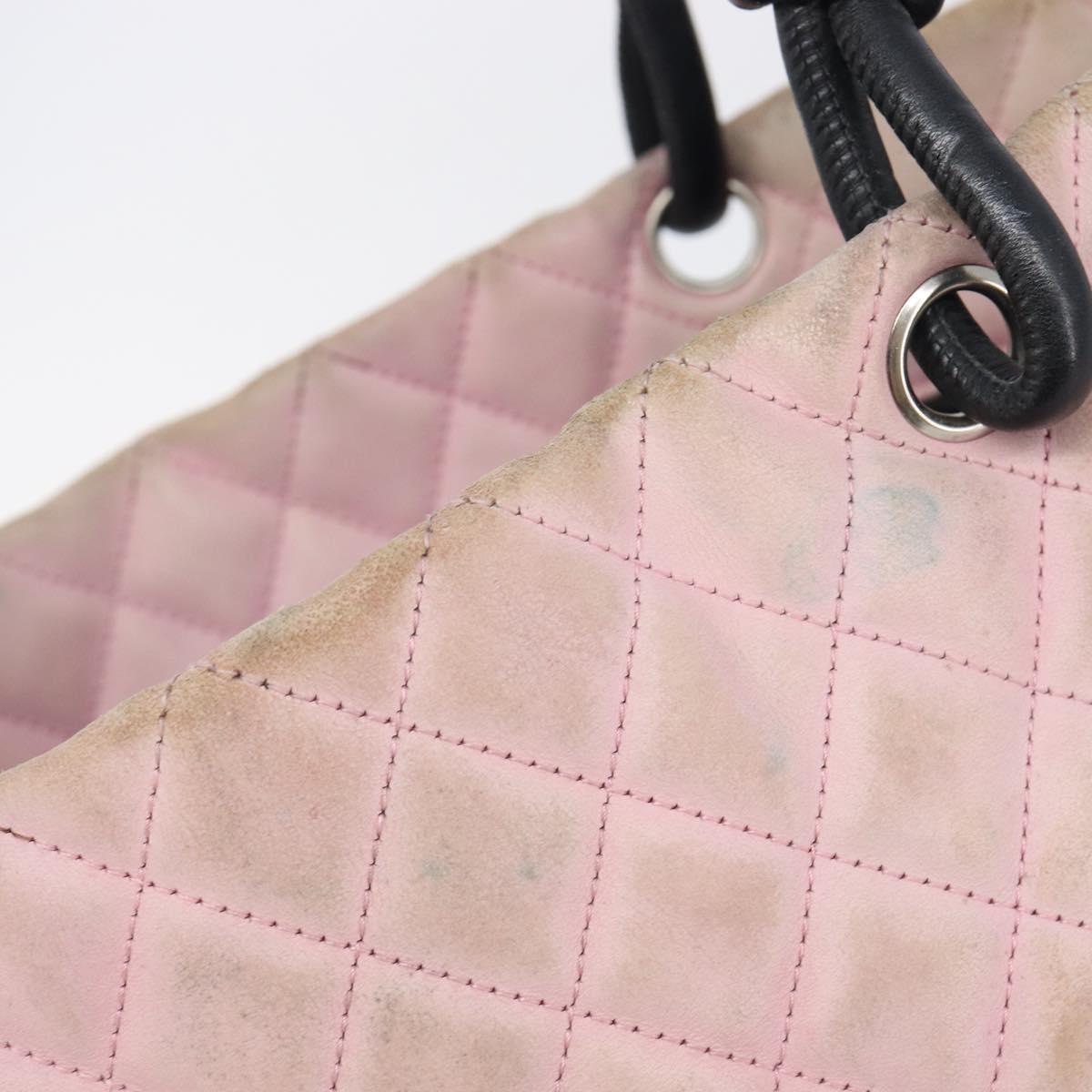CHANEL Cambon Line Tote Bag Leather Pink Silver CC Auth 169166