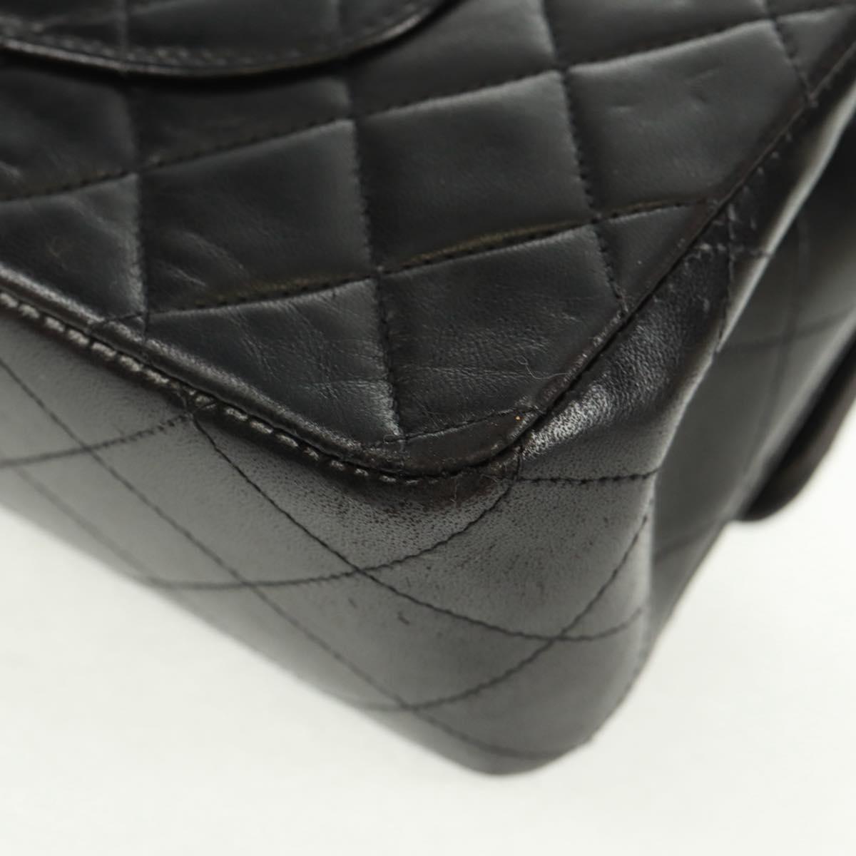 CHANEL Matelasse 25 Double Flap Chain Bag Lamb Skin Black Gold CC Auth 169170SAV