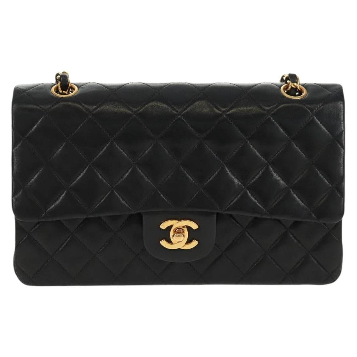 CHANEL Matelasse 25 Double Flap Chain Bag Lamb Skin Black Gold CC Auth 169170SAV