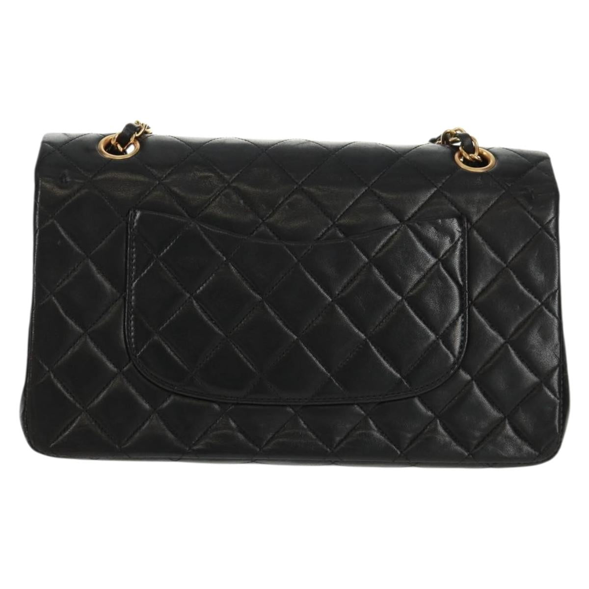 CHANEL Matelasse 25 Double Flap Chain Bag Lamb Skin Black Gold CC Auth 169170SAV
