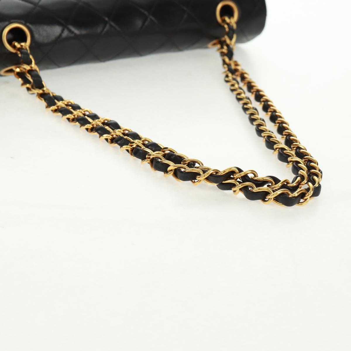 CHANEL Matelasse 25 Double Flap Chain Bag Lamb Skin Black Gold CC Auth 169170SAV