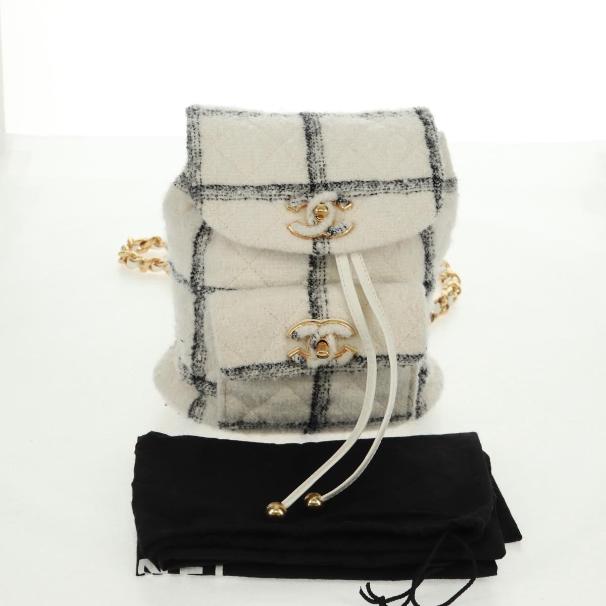CHANEL Backpack Tweed Gold White CC Auth 169198SM