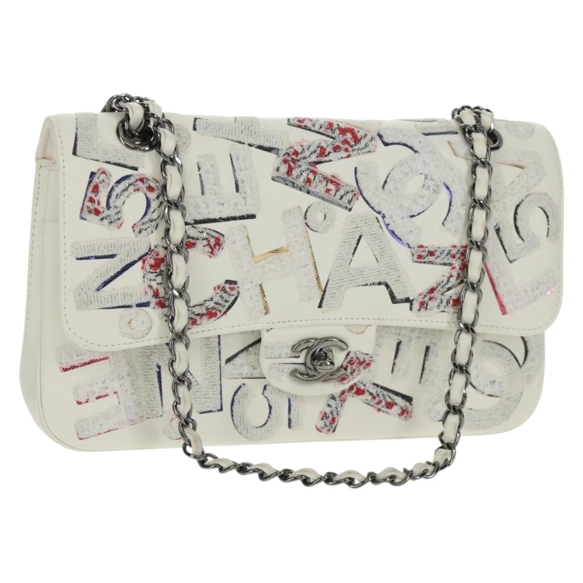 CHANEL Chain Shoulder Bag Leather White Silver CC Auth 169199SM