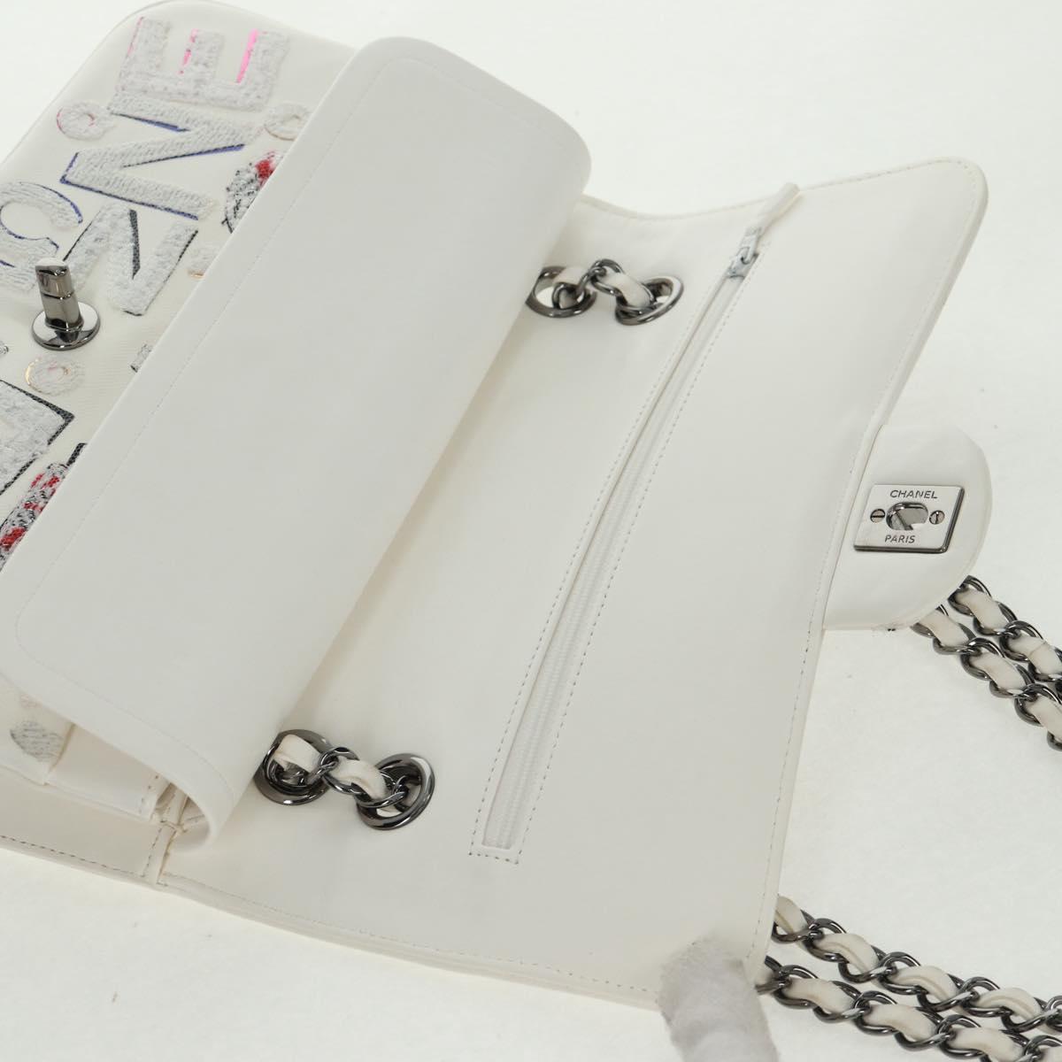 CHANEL Chain Shoulder Bag Leather White Silver CC Auth 169199SM