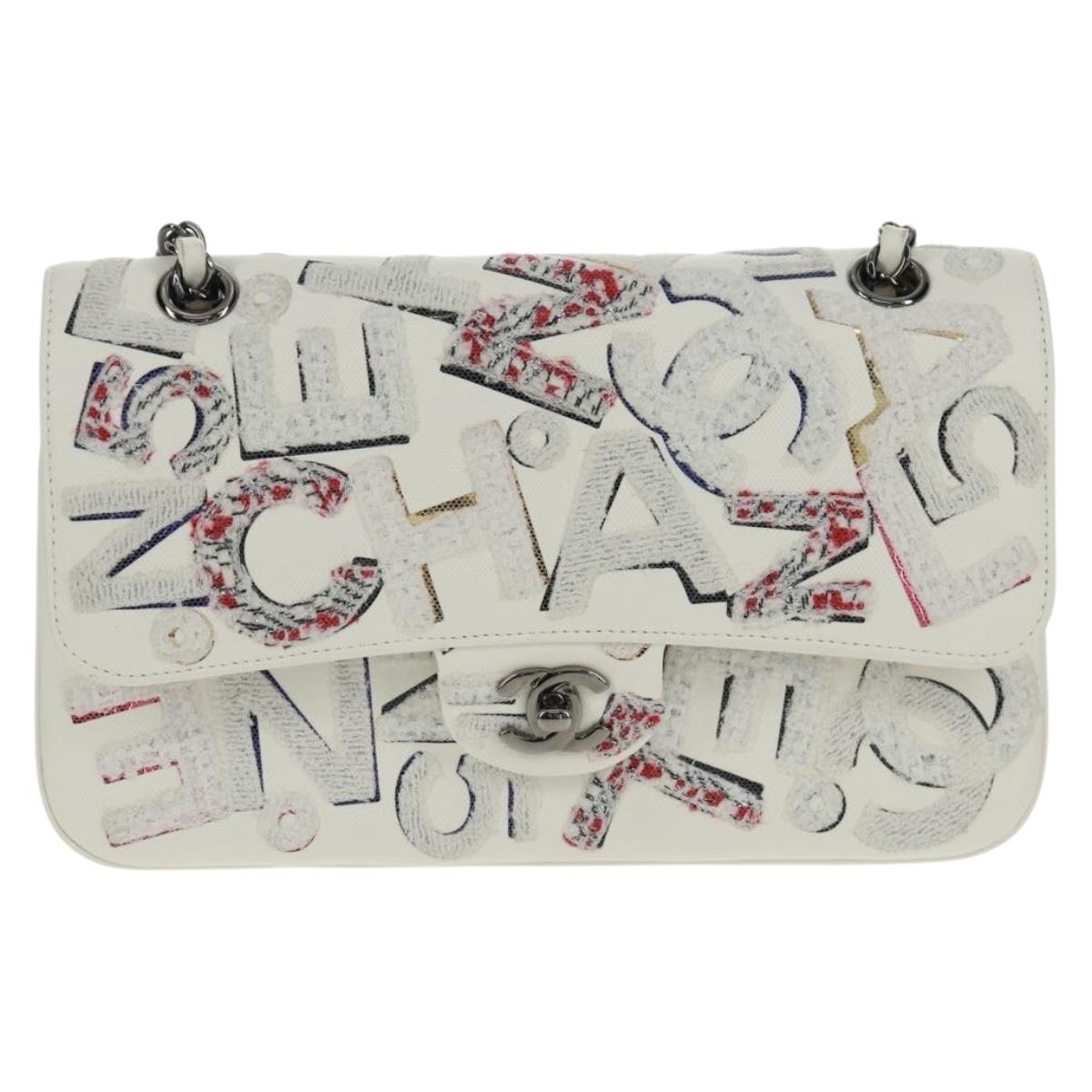 CHANEL Chain Shoulder Bag Leather White Silver CC Auth 169199SM