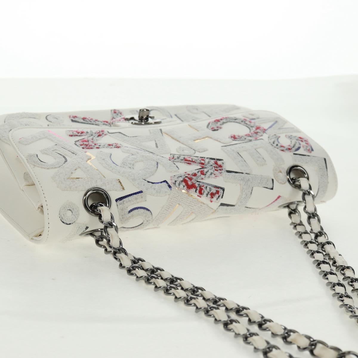 CHANEL Chain Shoulder Bag Leather White Silver CC Auth 169199SM