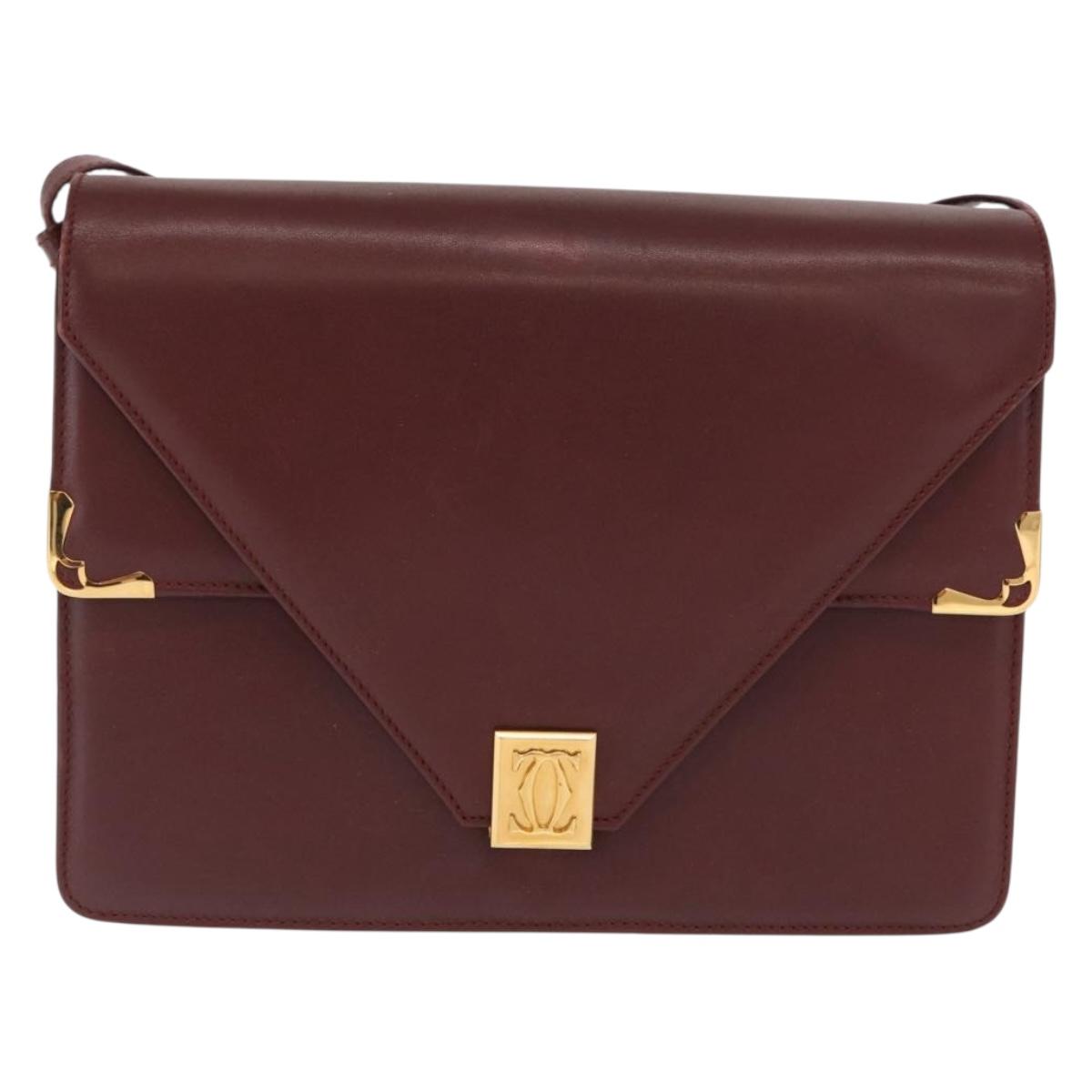 CARTIER Must Line Shoulder Bag Leather Bordeaux Gold Auth 169367
