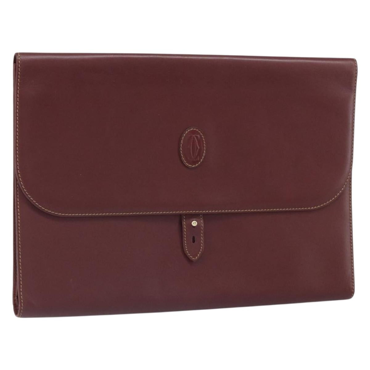 CARTIER Must Line Clutch Bag Leather Bordeaux Gold Auth 169370