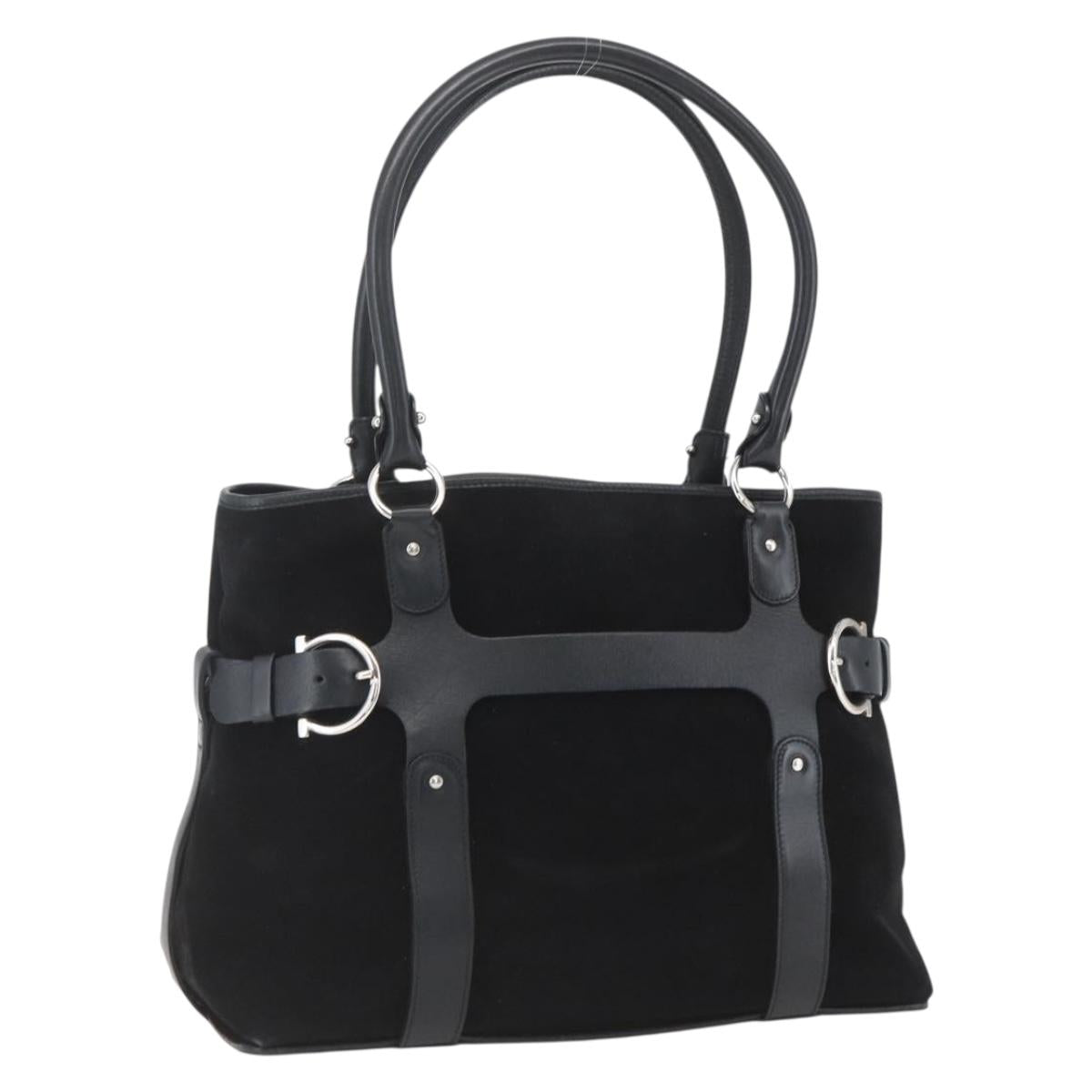 Salvatore Ferragamo Hand Bag Suede Black Silver Auth 169371