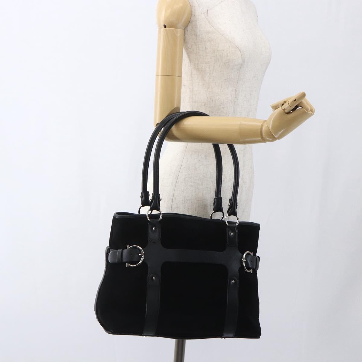 Salvatore Ferragamo Hand Bag Suede Black Silver Auth 169371