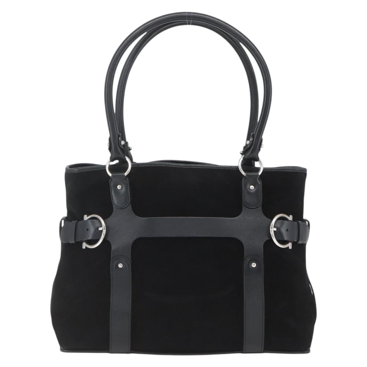 Salvatore Ferragamo Hand Bag Suede Black Silver Auth 169371