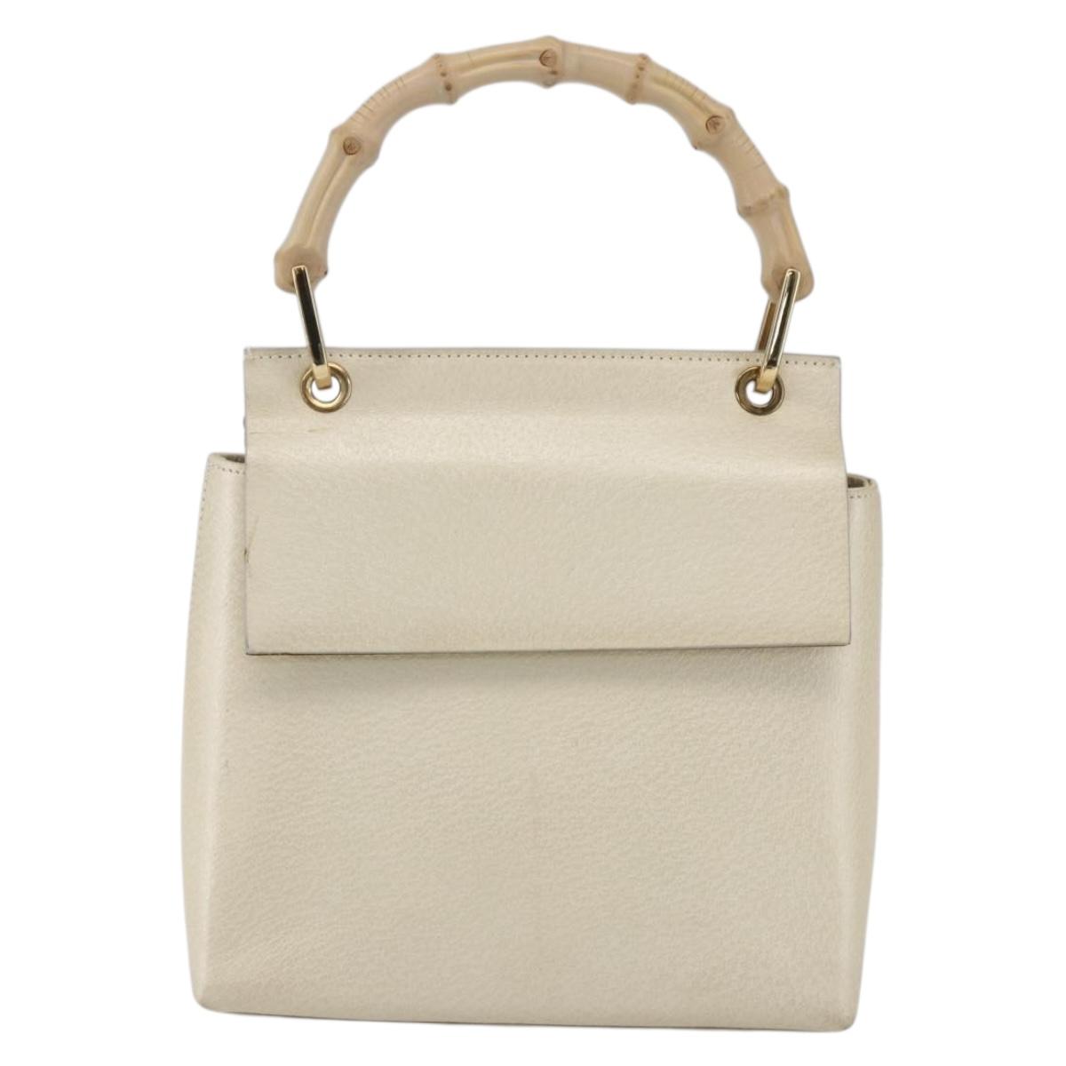 GUCCI Bamboo Hand Bag Leather White Gold 000 1014 1888 Auth 169372