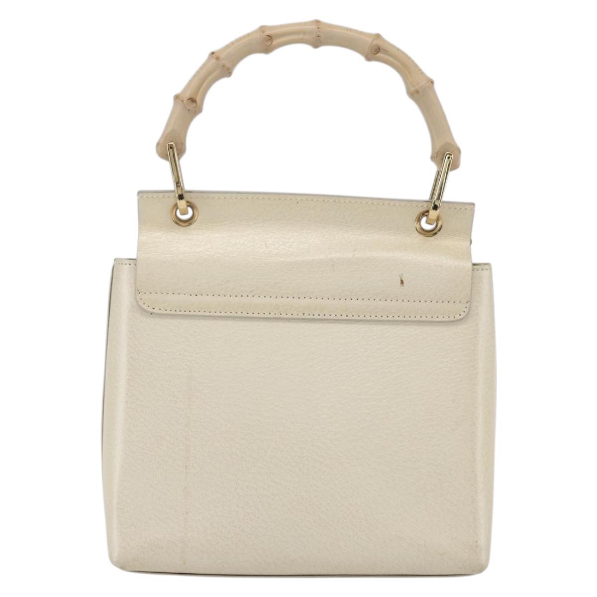 GUCCI Bamboo Hand Bag Leather White Gold 000 1014 1888 Auth 169372