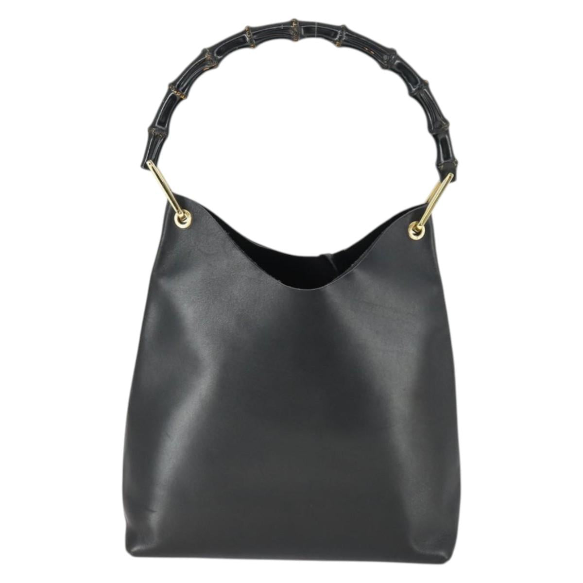 GUCCI Bamboo Shoulder Bag Leather Black Gold 001 2113 1880 Auth 169379