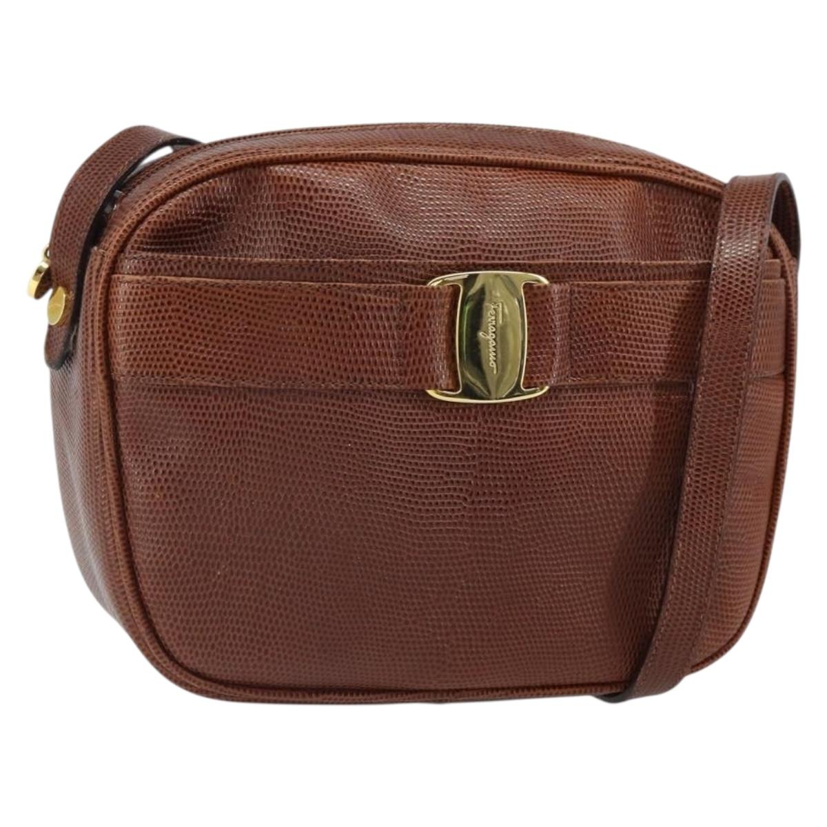 Salvatore Ferragamo Vala Shoulder Bag Leather Brown Gold Auth 169397