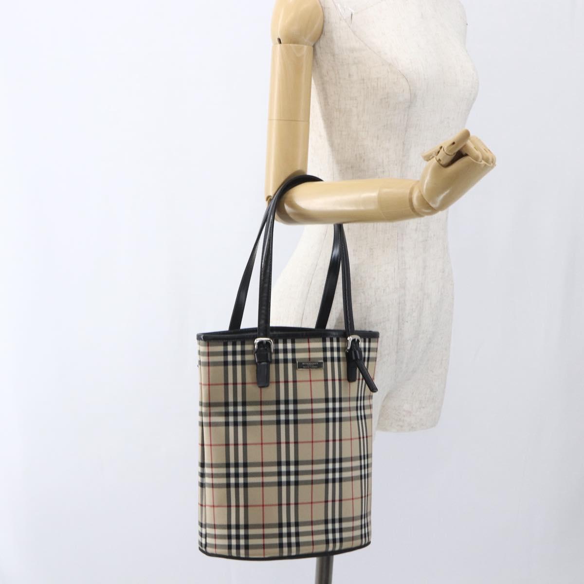 BURBERRY Nova Check Blue Label Hand Bag Nylon Beige Silver Auth 169406