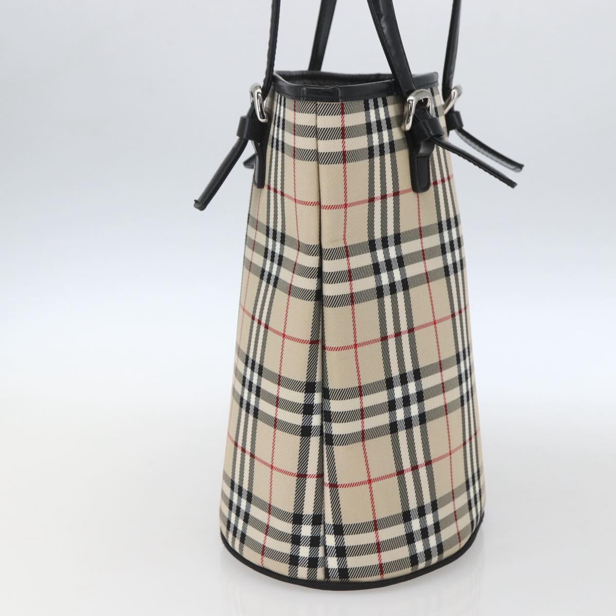 BURBERRY Nova Check Blue Label Hand Bag Nylon Beige Silver Auth 169406