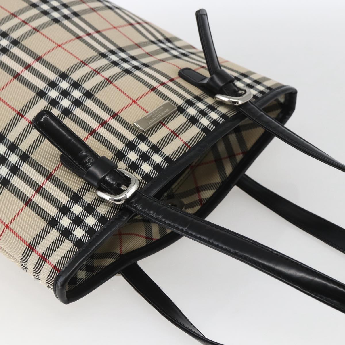 BURBERRY Nova Check Blue Label Hand Bag Nylon Beige Silver Auth 169406