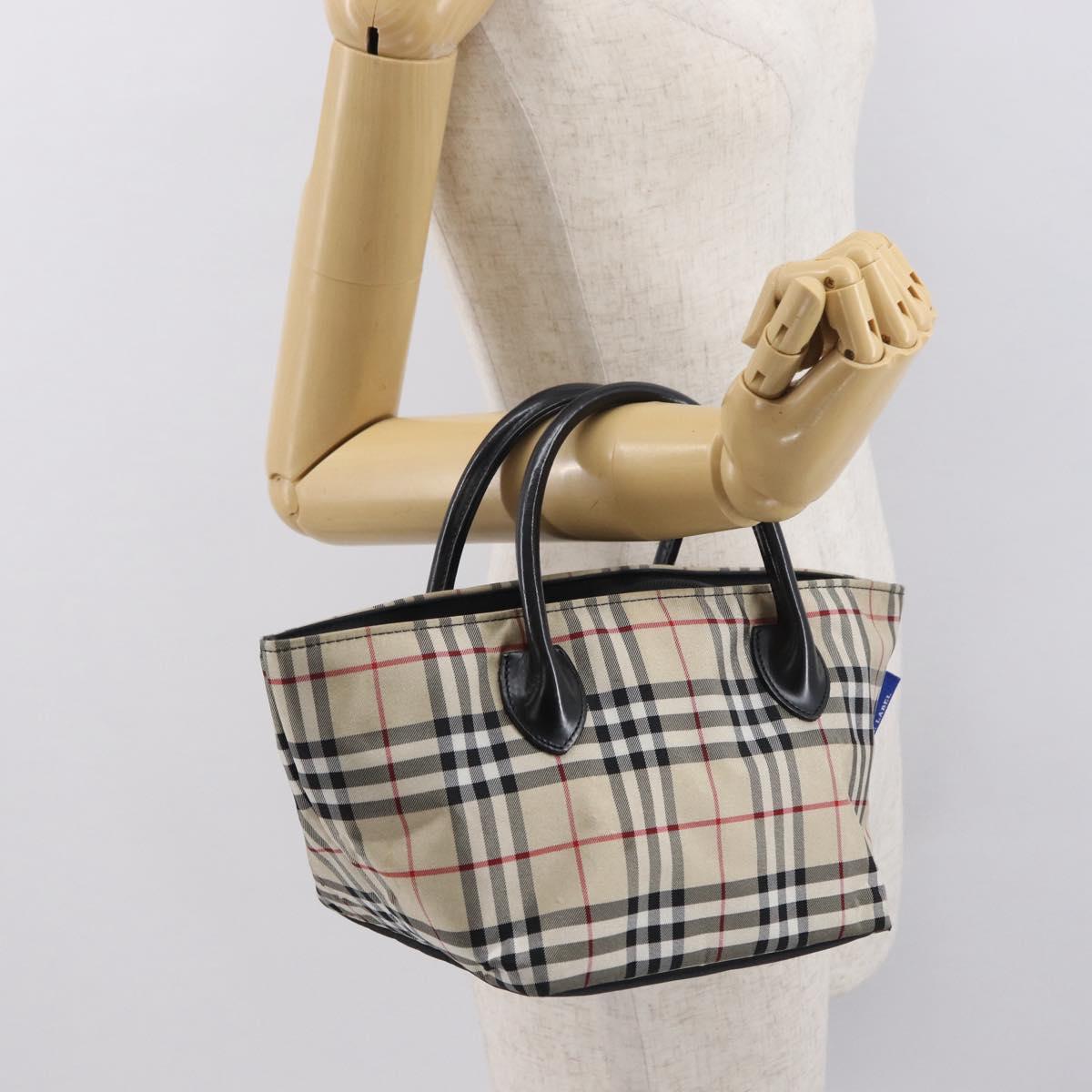 BURBERRY Nova Check Blue Label Hand Bag Nylon Beige Silver Auth 169408