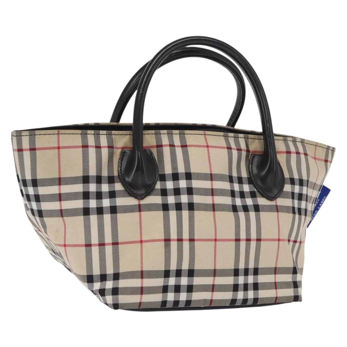 BURBERRY Nova Check Blue Label Hand Bag Nylon Beige Silver Auth 169408