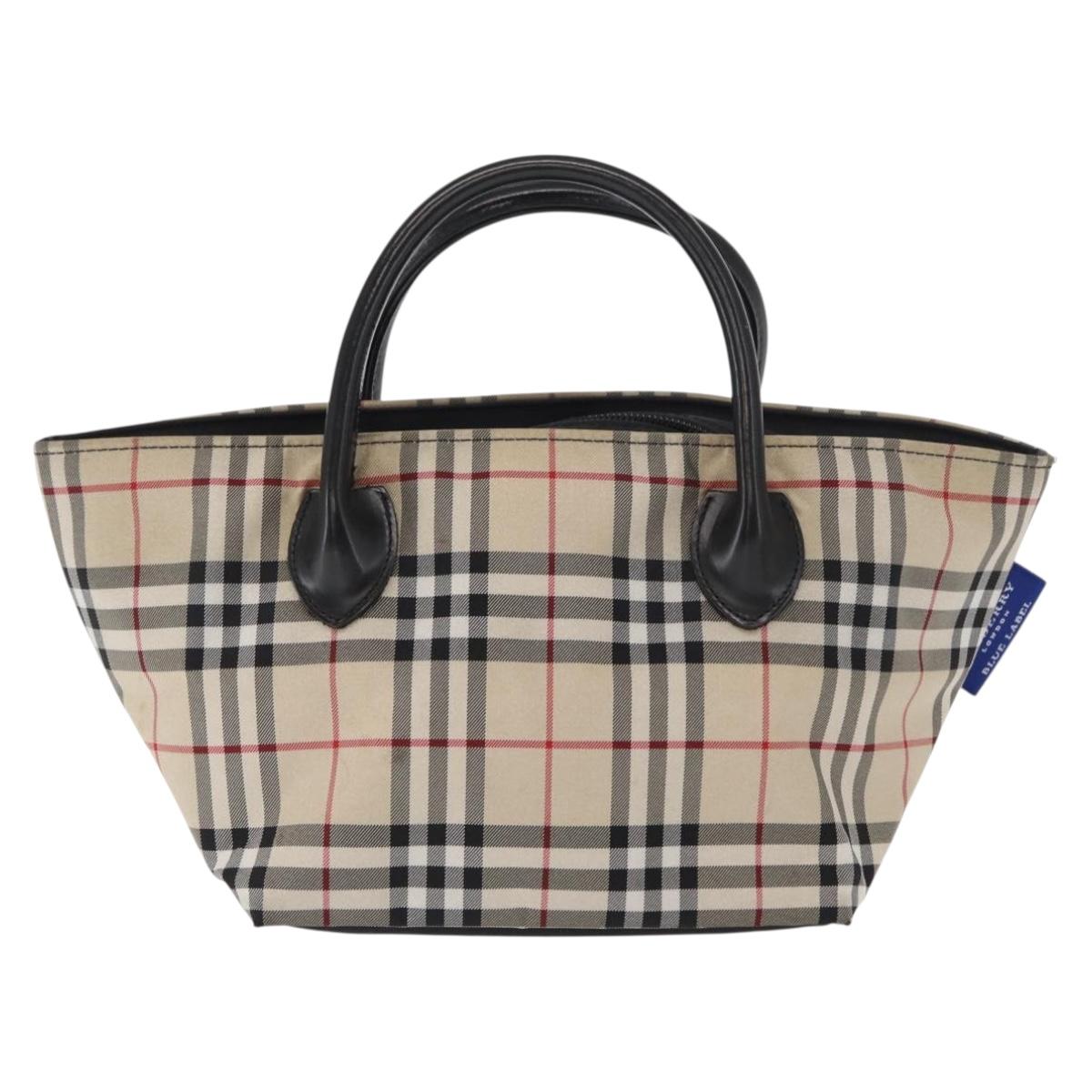 BURBERRY Nova Check Blue Label Hand Bag Nylon Beige Silver Auth 169408