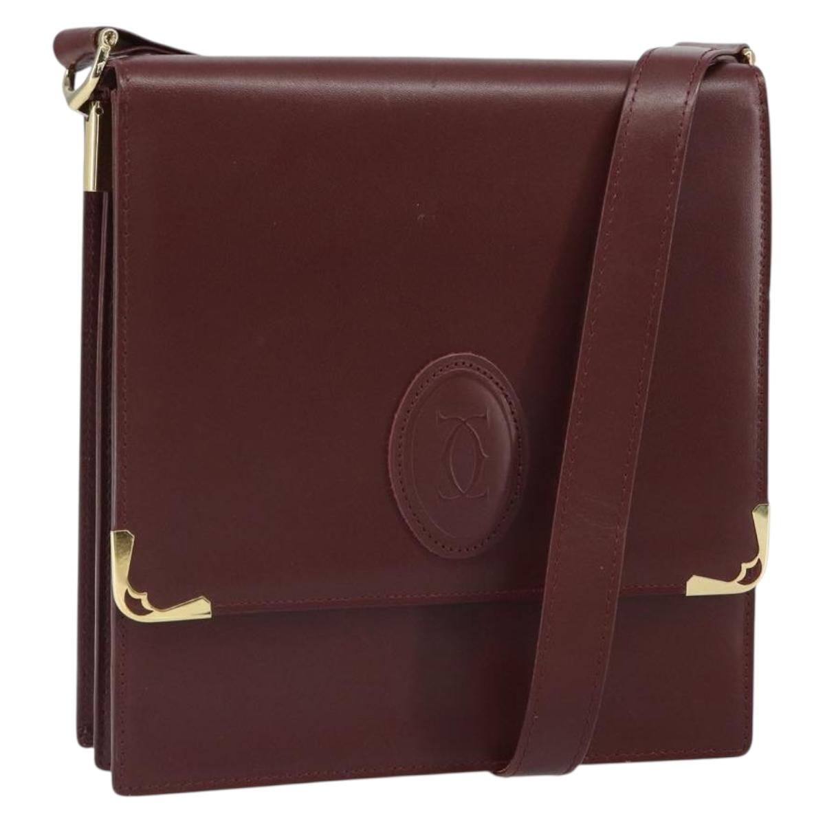 CARTIER Must Line Shoulder Bag Leather Bordeaux Gold Auth 169419