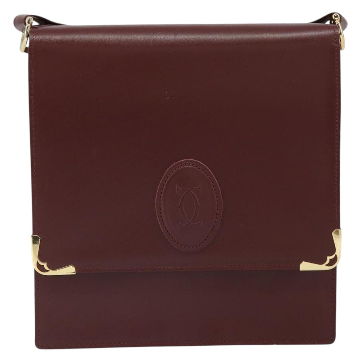 CARTIER Must Line Shoulder Bag Leather Bordeaux Gold Auth 169419