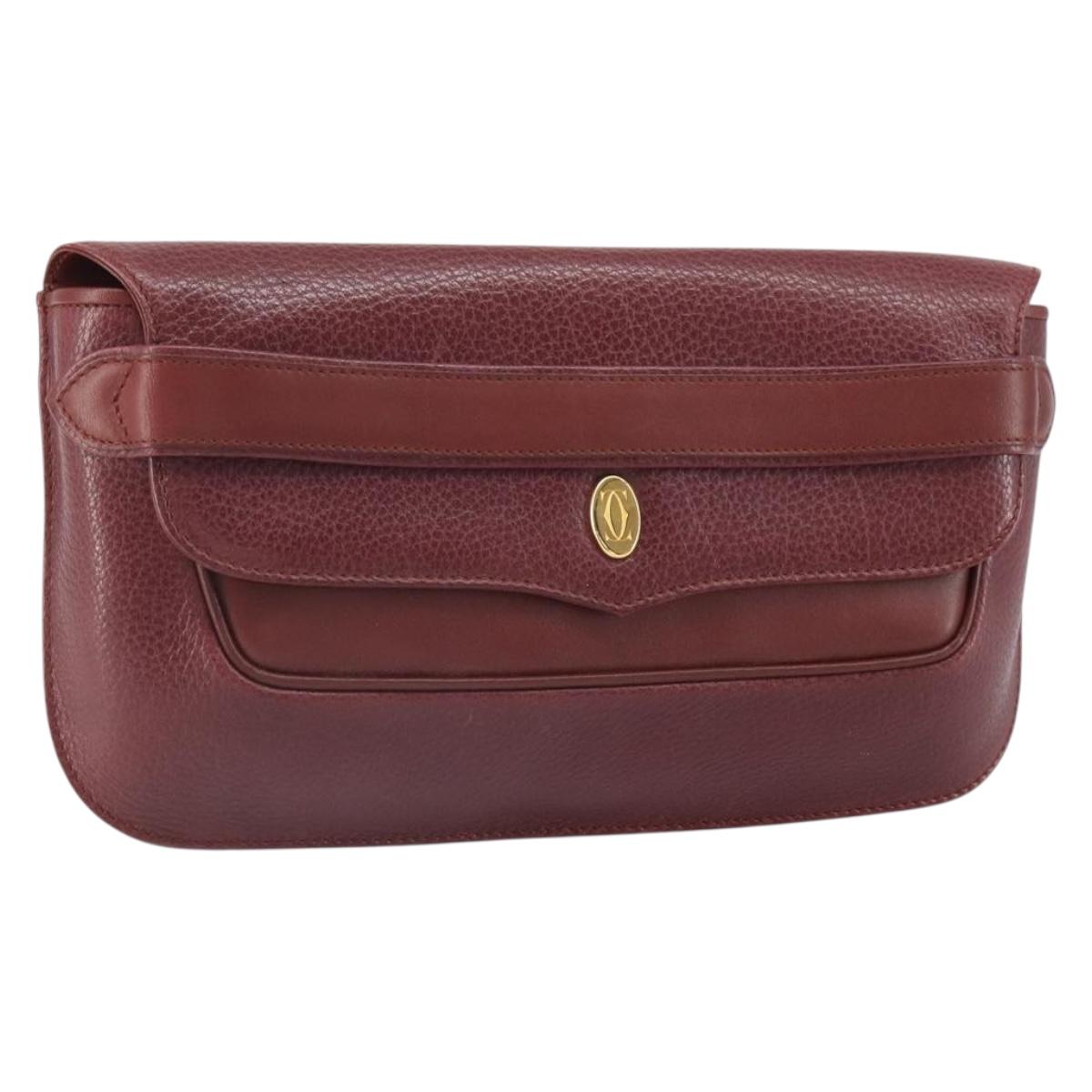 CARTIER Must Line Clutch Bag Leather Bordeaux Gold Auth 169420