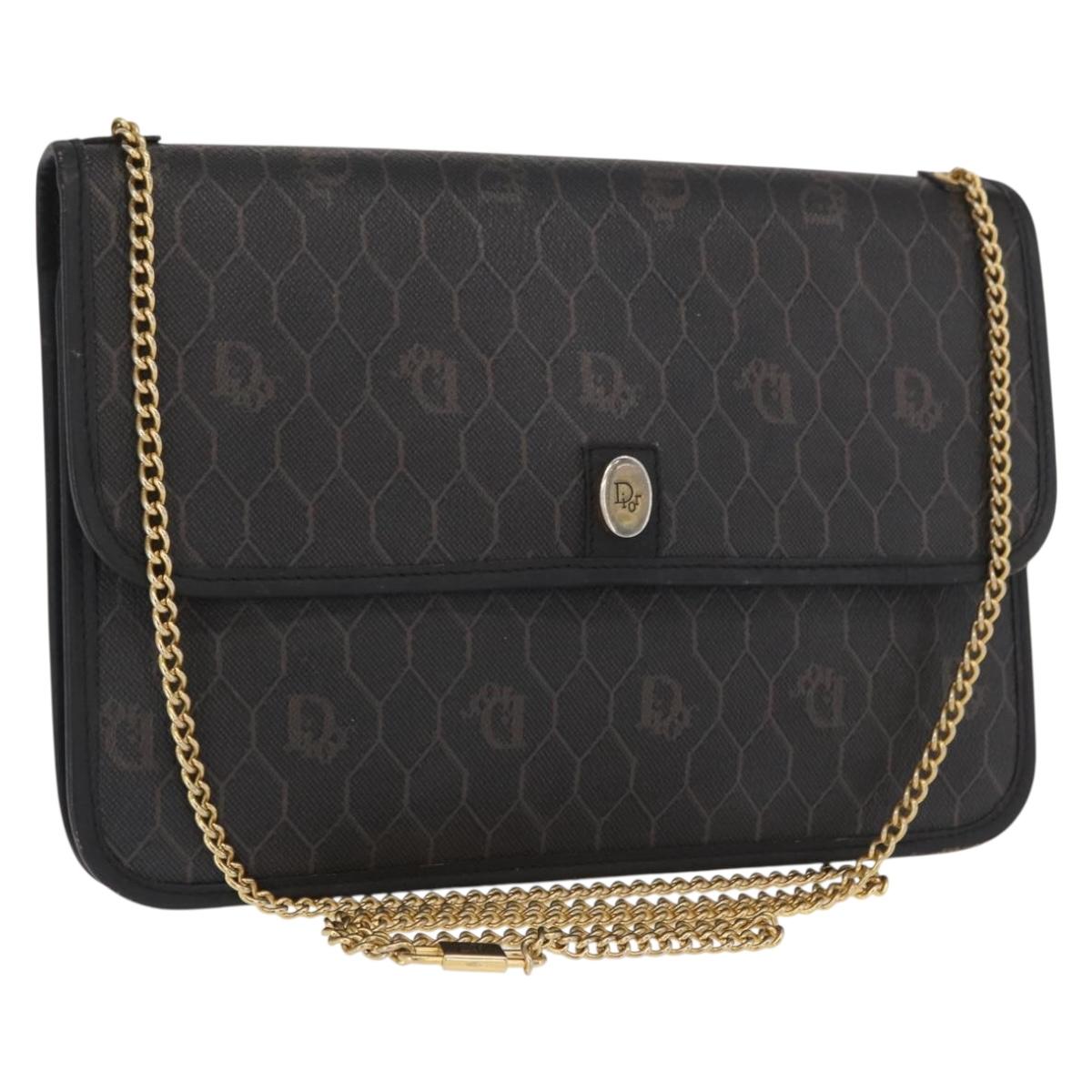 Christian Dior Honeycomb Canvas Chain Shoulder Bag PVC Black Gold Auth 169433