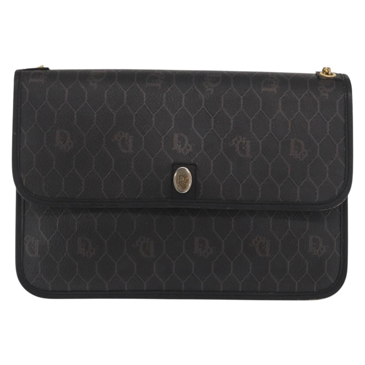 Christian Dior Honeycomb Canvas Chain Shoulder Bag PVC Black Gold Auth 169433