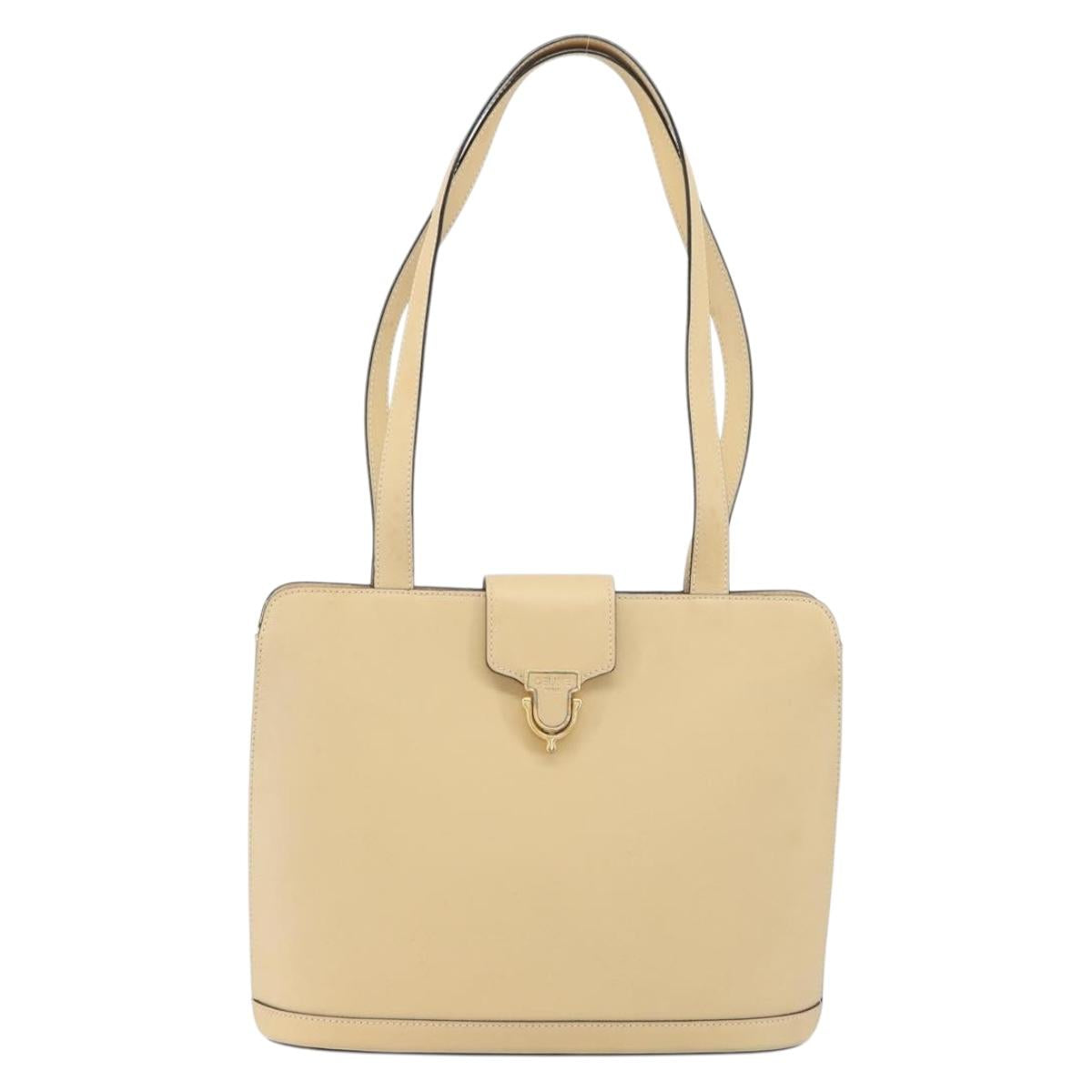 CELINE Shoulder Bag Leather Beige Gold Auth 169460