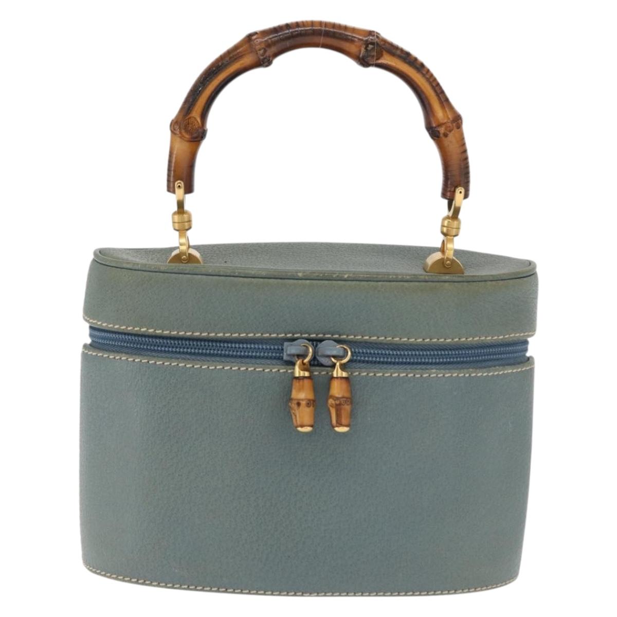 GUCCI Bamboo Vanity Cosmetic Pouch Leather Blue Gold 000 984 0232 Auth 169467