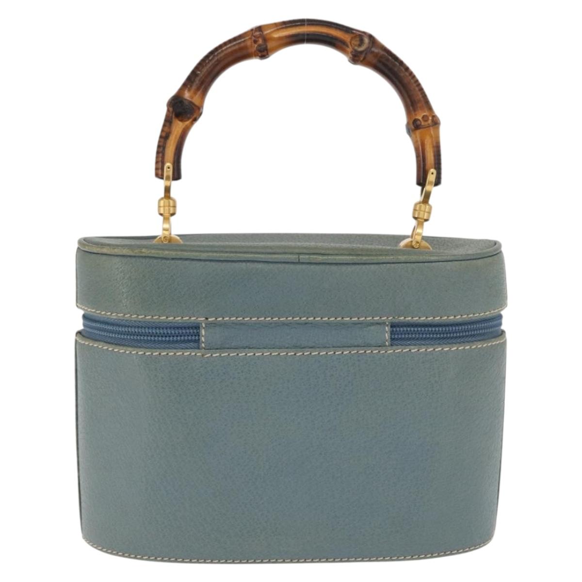 GUCCI Bamboo Vanity Cosmetic Pouch Leather Blue Gold 000 984 0232 Auth 169467
