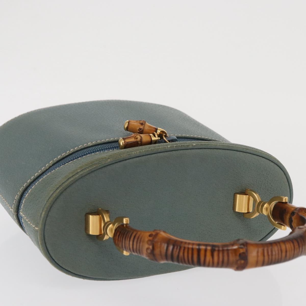 GUCCI Bamboo Vanity Cosmetic Pouch Leather Blue Gold 000 984 0232 Auth 169467