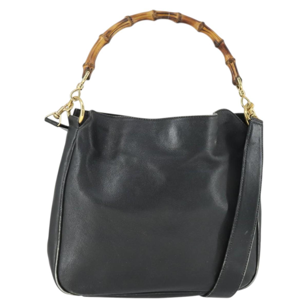 GUCCI Bamboo Hand Bag Leather 2way Black Gold 001 123 1638 Auth 169470