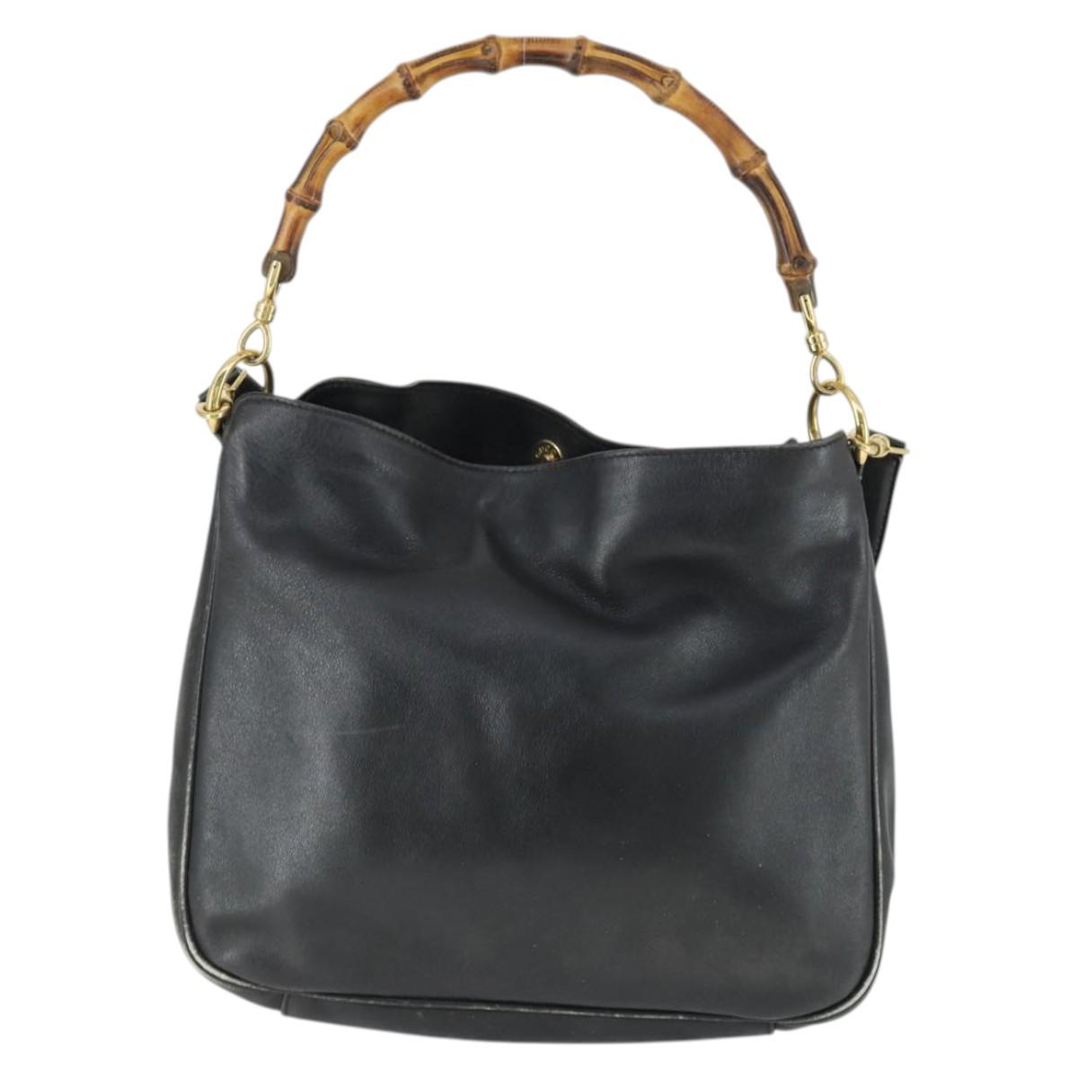 GUCCI Bamboo Hand Bag Leather 2way Black Gold 001 123 1638 Auth 169470