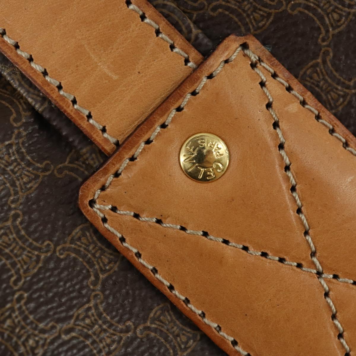 CELINE Macadam Canvas Boston Bag PVC Leather Brown Gold Auth 169471