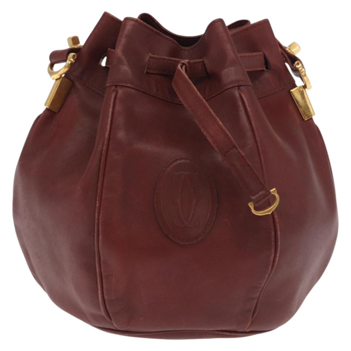 CARTIER Must Line Shoulder Bag Leather Bordeaux Gold Auth 169491