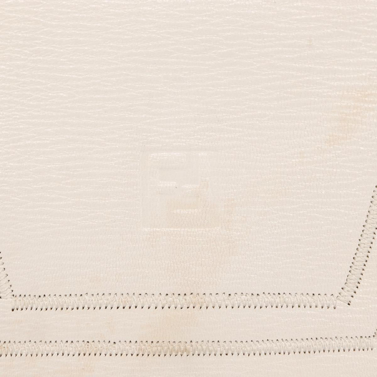 FENDI Hand Bag Leather White Gold Auth 169496
