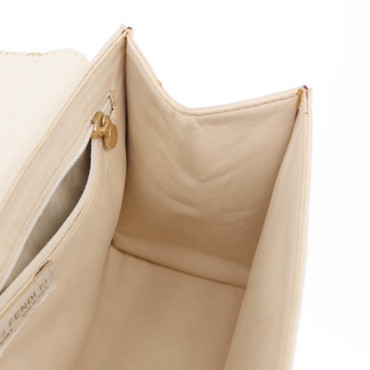 FENDI Hand Bag Leather White Gold Auth 169496