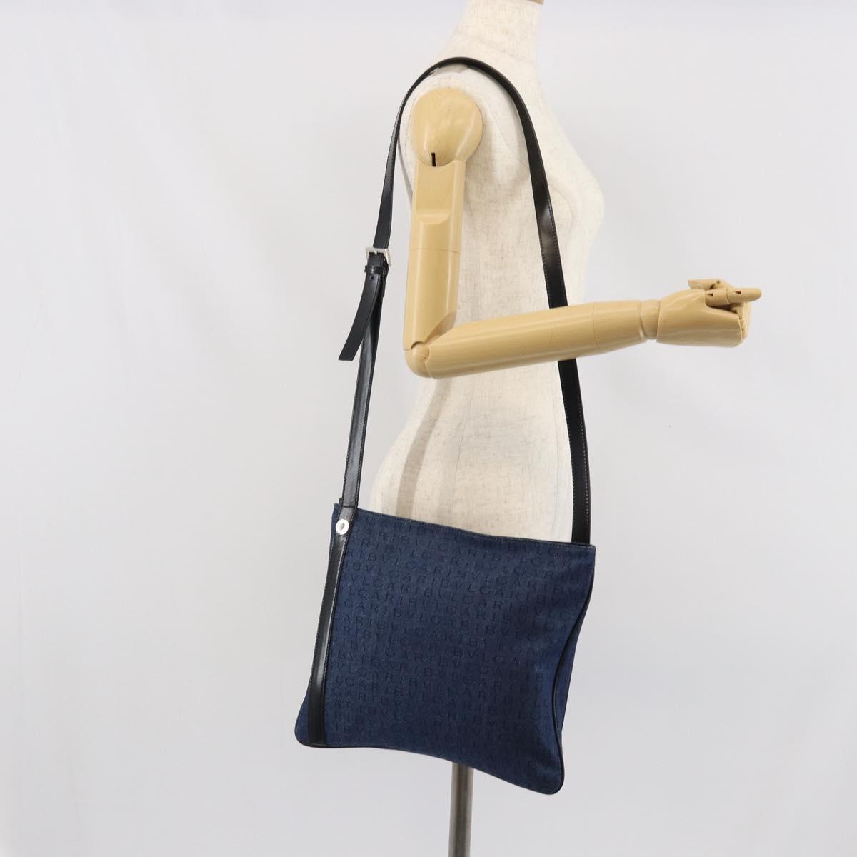 BVLGARI Logo Mania Shoulder Bag Canvas Blue Silver Auth 169505