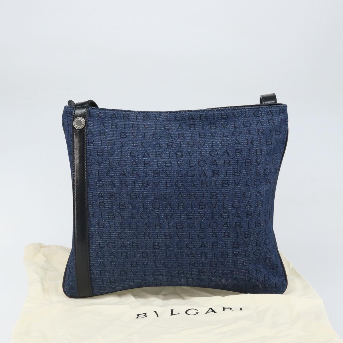 BVLGARI Logo Mania Shoulder Bag Canvas Blue Silver Auth 169505