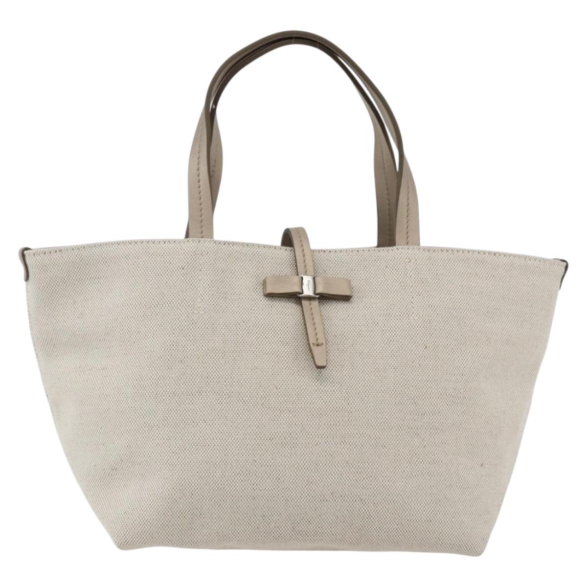 Salvatore Ferragamo Hand Bag Canvas Beige Gold Auth 169508
