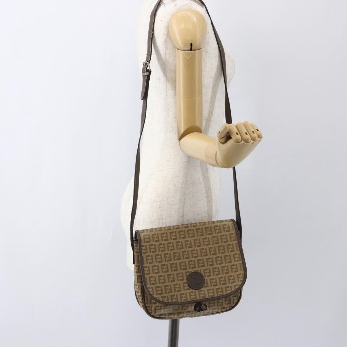 FENDI Zucchino Canvas Shoulder Bag Coated Canvas Beige Silver Auth 169510